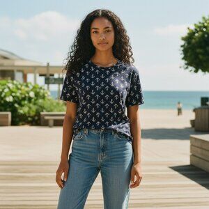 Kim Rogers Womens Size XL Navy Blue Anchor Print T Shirt Tee Casual Top